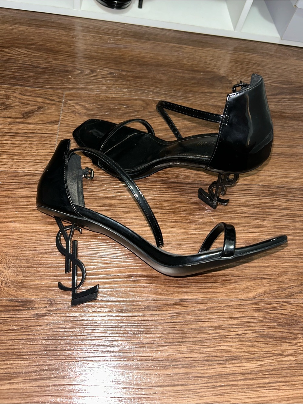 Saint Laurent Black Patent Opyum Logo Heel Sandals with Ankle Strap